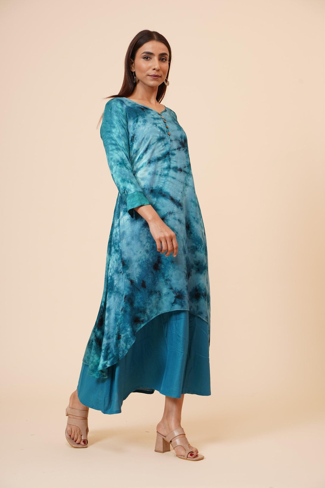 Women's Indian Tie N Dye Kurti With Wooden Button Placket And Cuff - MIRACOLOS by Ruchi - Indiakreations