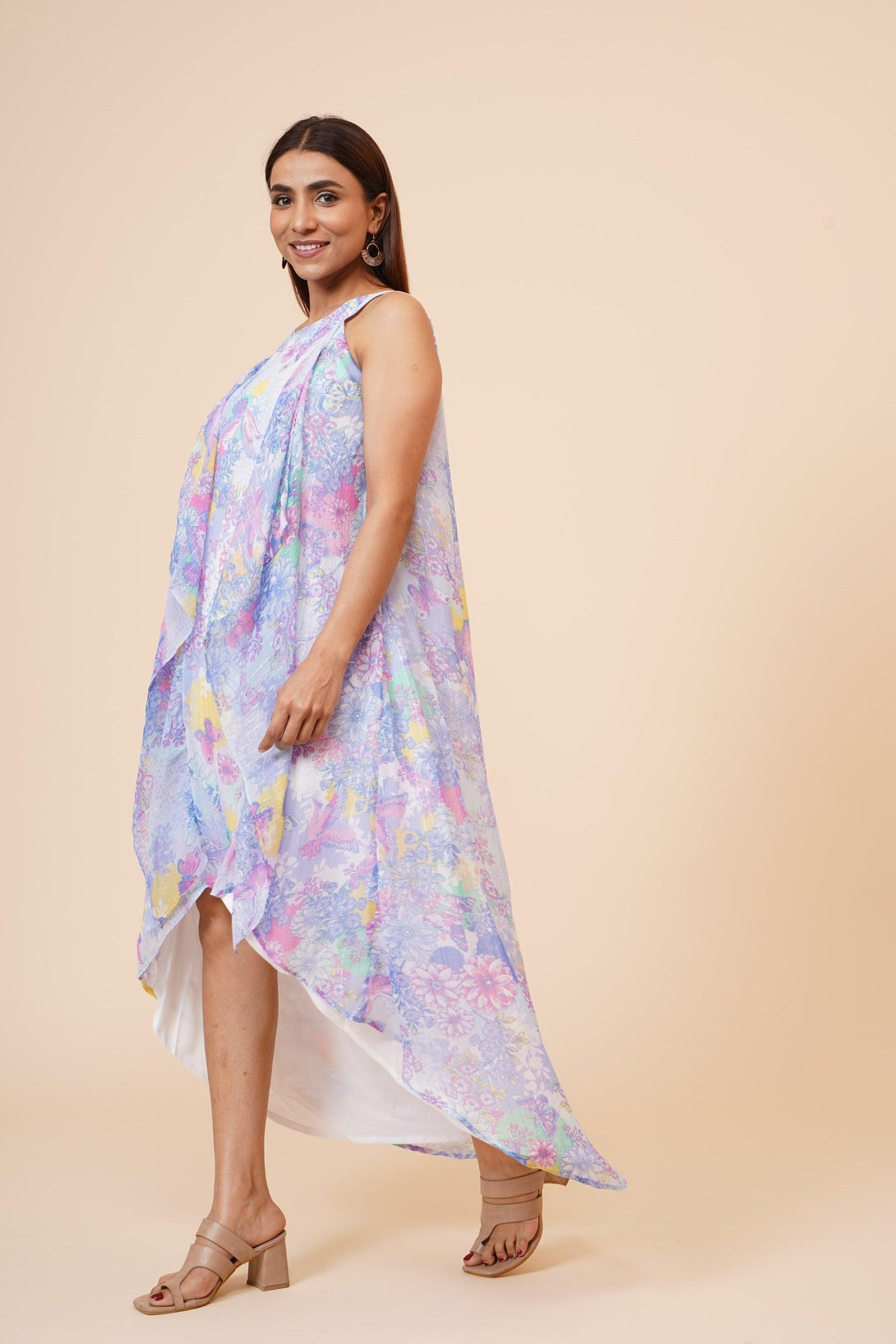 Women's Halter Neck Ruffle Drape Floral Printed Georgette Dress In Multicolor - MIRACOLOS by Ruchi - Indiakreations