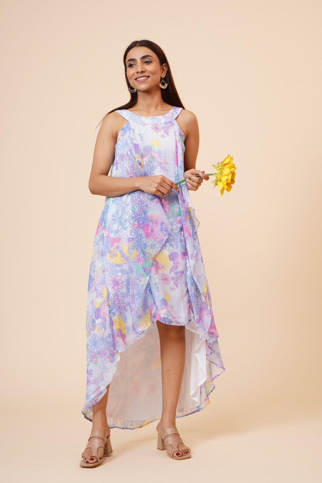 Women's Halter Neck Ruffle Drape Floral Printed Georgette Dress In Multicolor - MIRACOLOS by Ruchi - Indiakreations