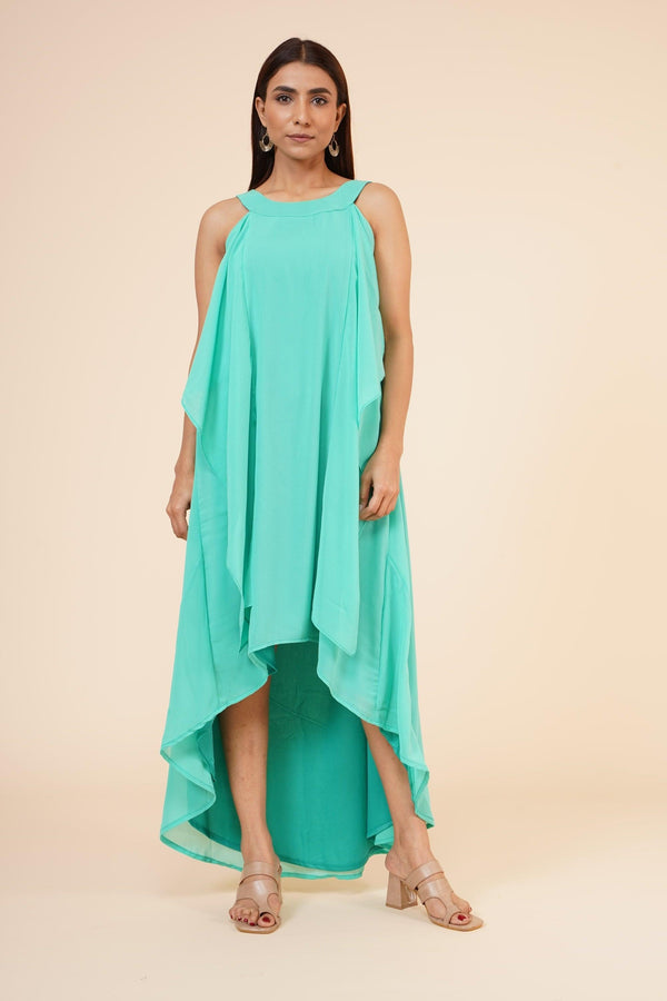 Women's Halter Neck Ruffle Drape Georgette Dress In Spring Green - MIRACOLOS by Ruchi - Indiakreations