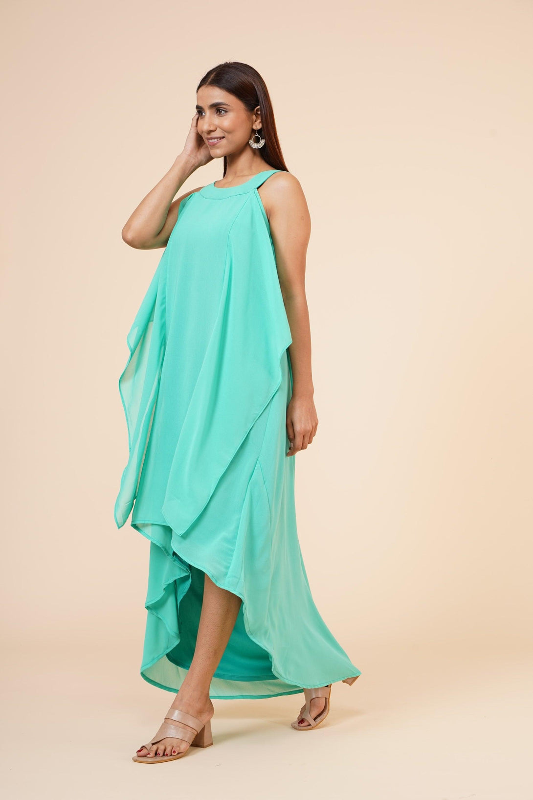 Women's Halter Neck Ruffle Drape Georgette Dress In Spring Green - MIRACOLOS by Ruchi - Indiakreations