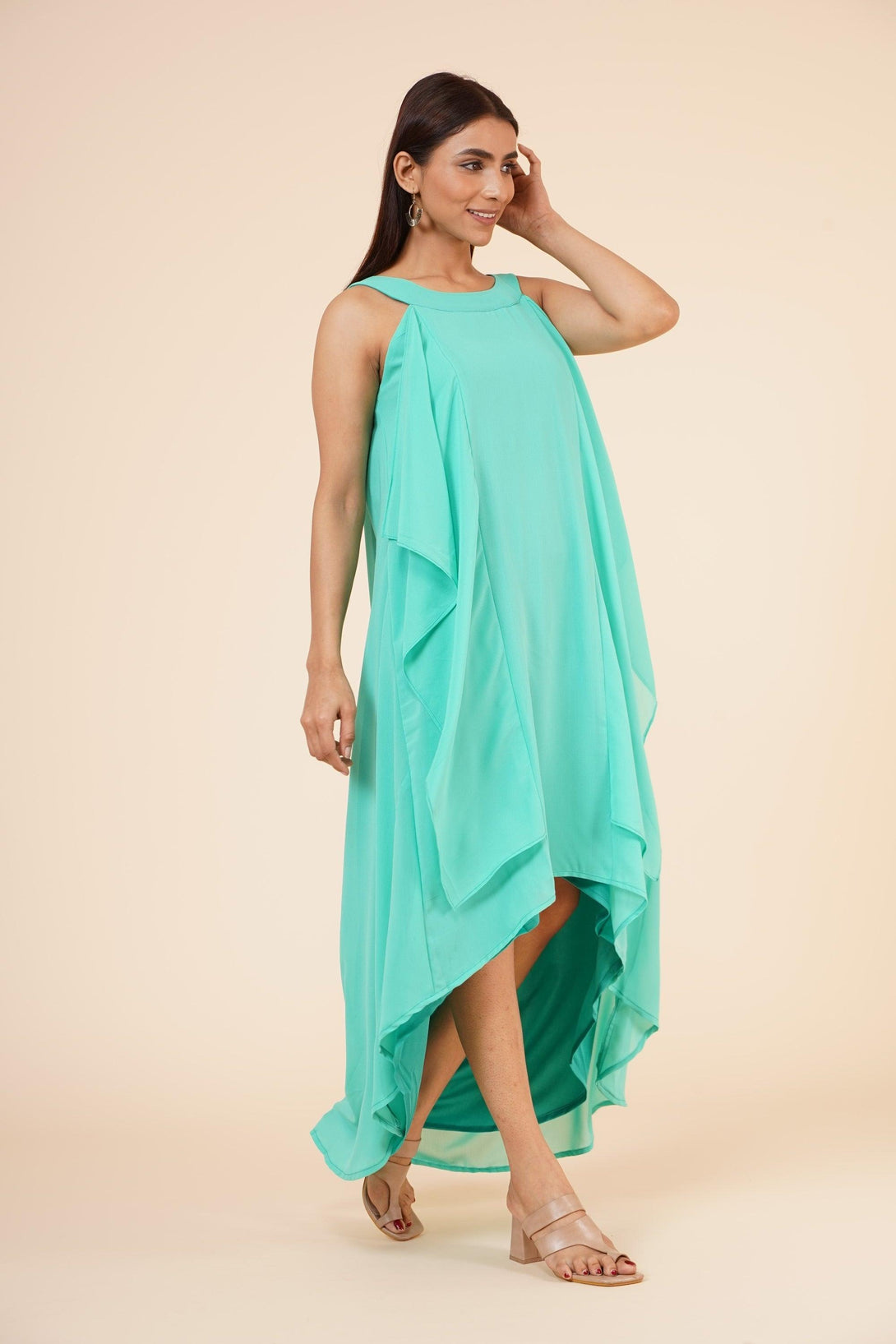 Women's Halter Neck Ruffle Drape Georgette Dress In Spring Green - MIRACOLOS by Ruchi - Indiakreations