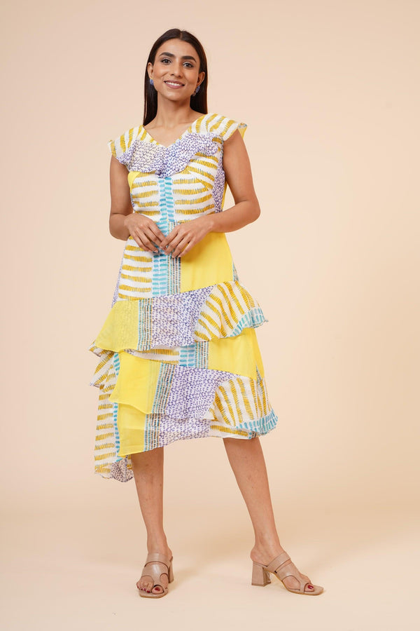 Women's Lemon Printed Georgette Ruffle Dress - MIRACOLOS by Ruchi - Indiakreations