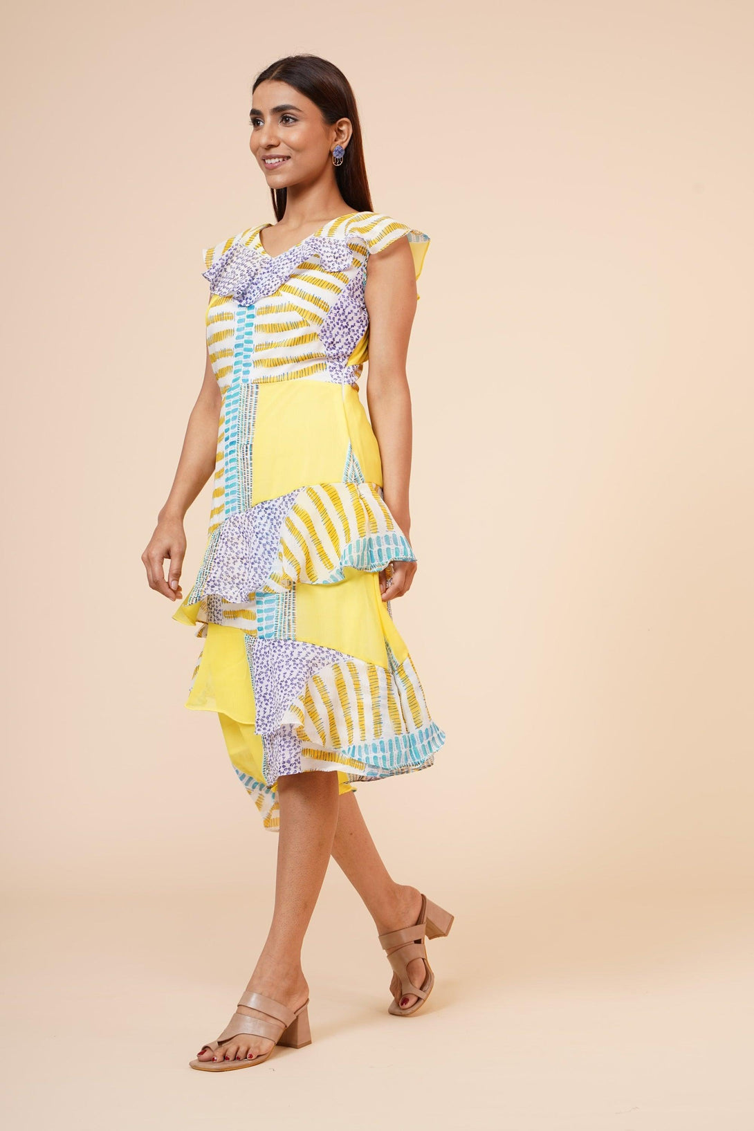 Women's Lemon Printed Georgette Ruffle Dress - MIRACOLOS by Ruchi - Indiakreations