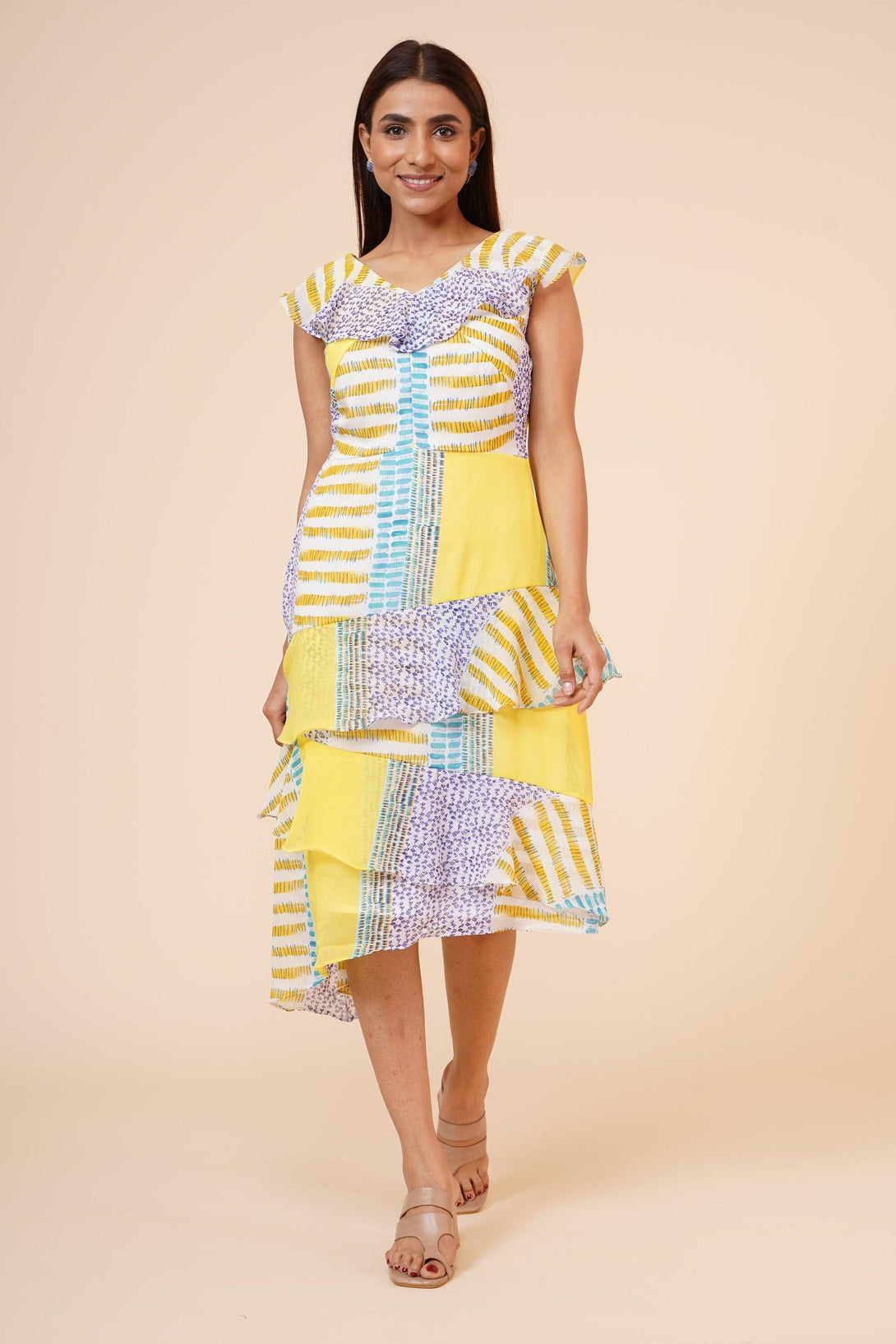 Women's Lemon Printed Georgette Ruffle Dress - MIRACOLOS by Ruchi - Indiakreations