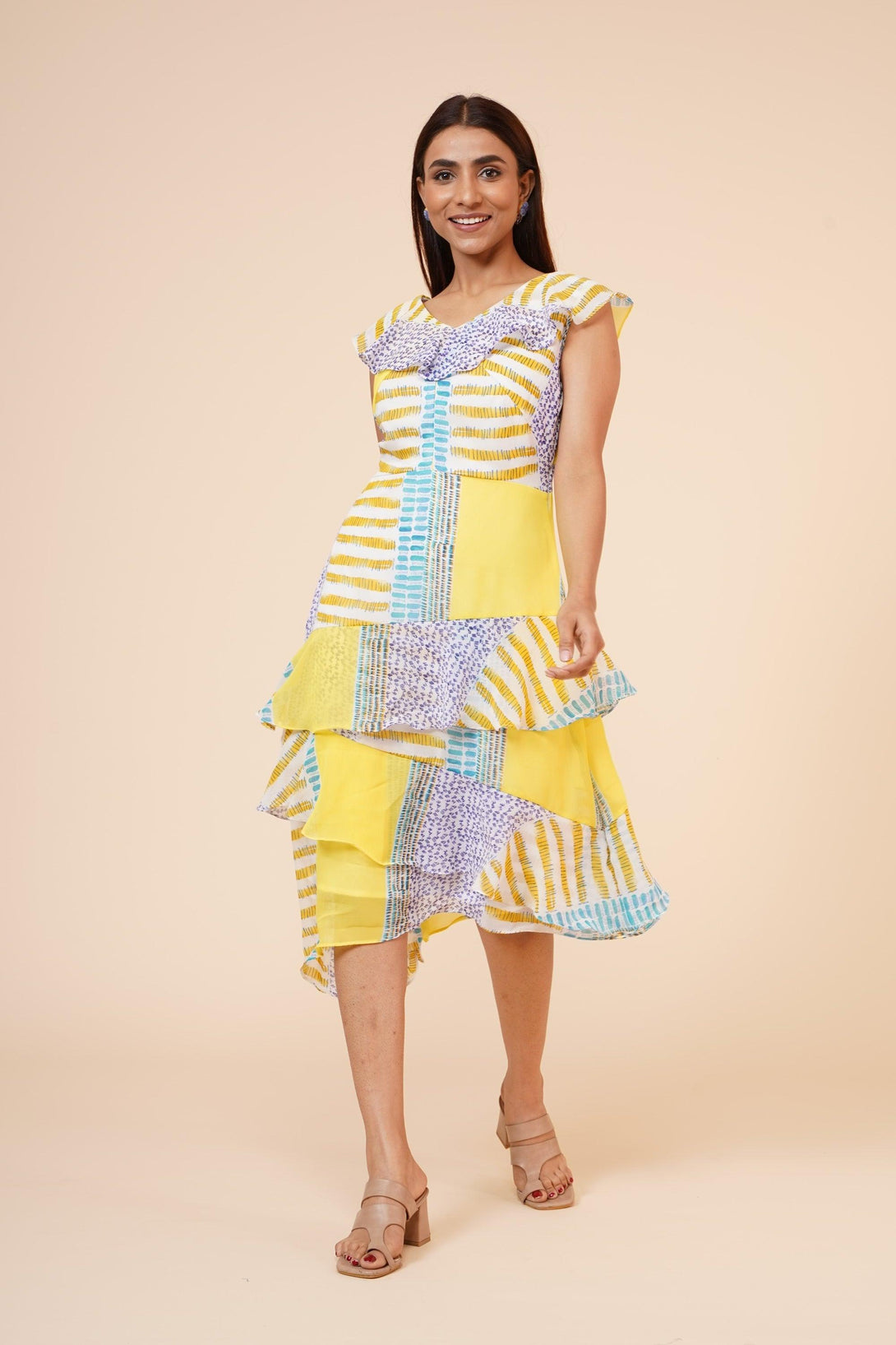 Women's Lemon Printed Georgette Ruffle Dress - MIRACOLOS by Ruchi - Indiakreations