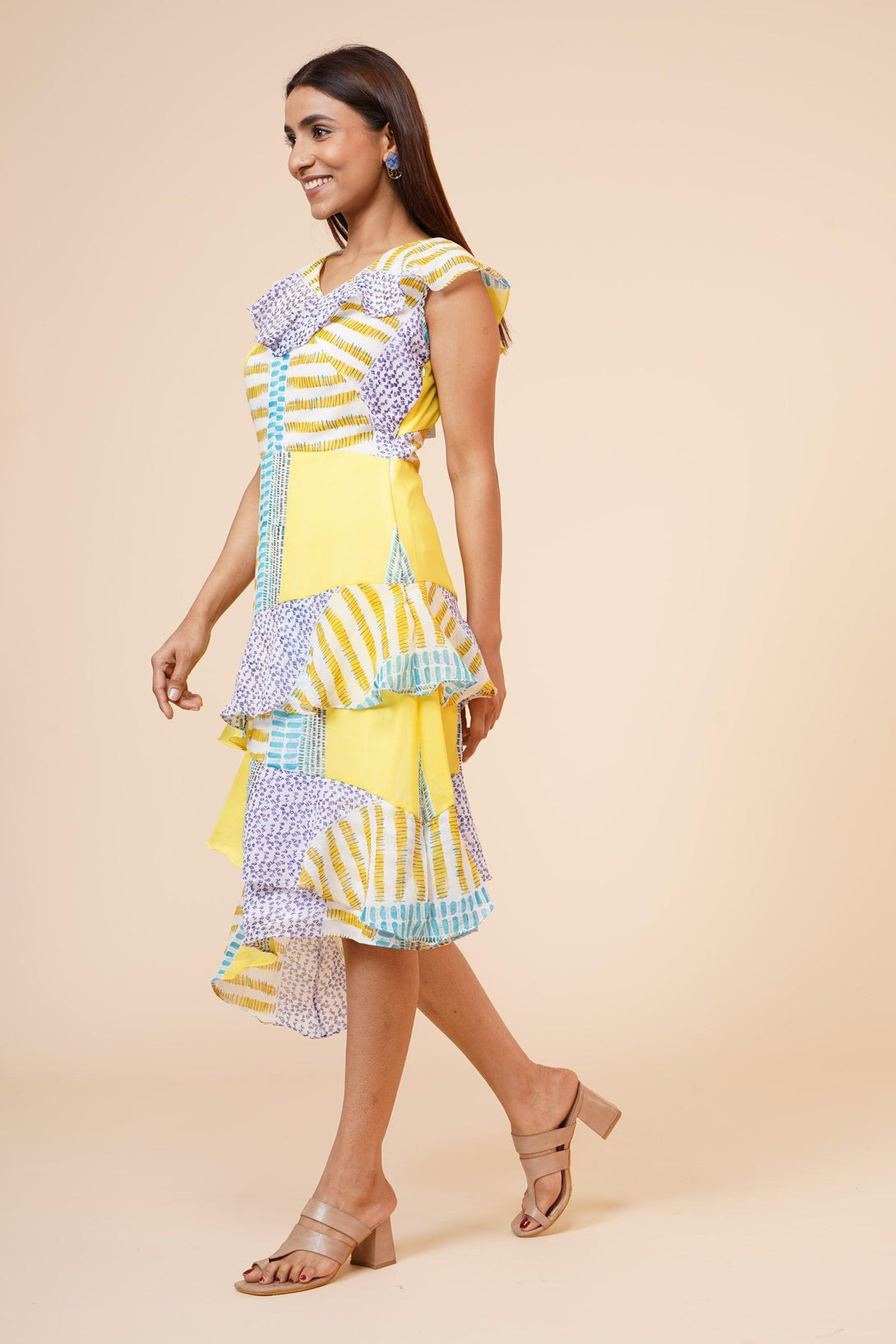 Women's Lemon Printed Georgette Ruffle Dress - MIRACOLOS by Ruchi - Indiakreations