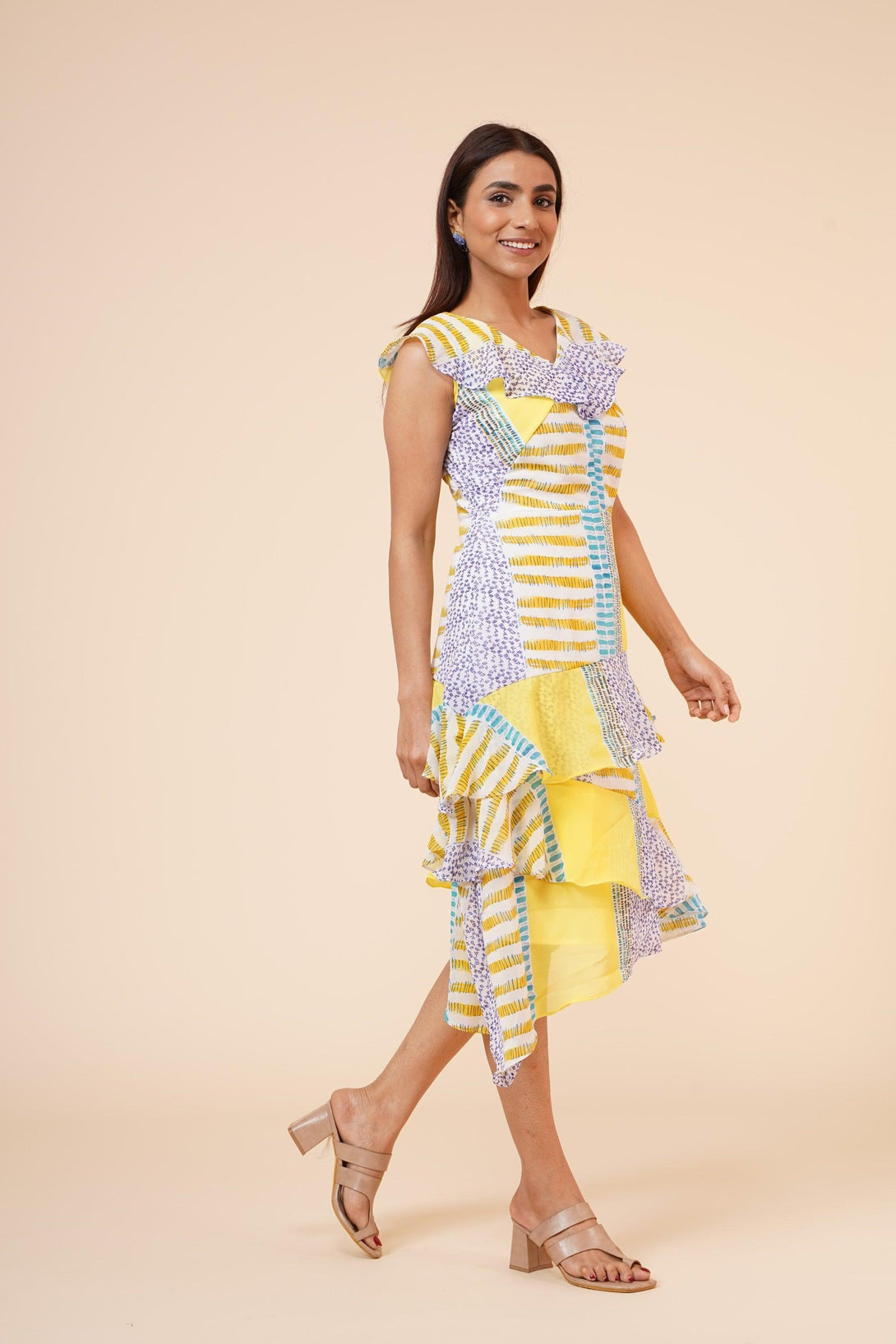 Women's Lemon Printed Georgette Ruffle Dress - MIRACOLOS by Ruchi - Indiakreations