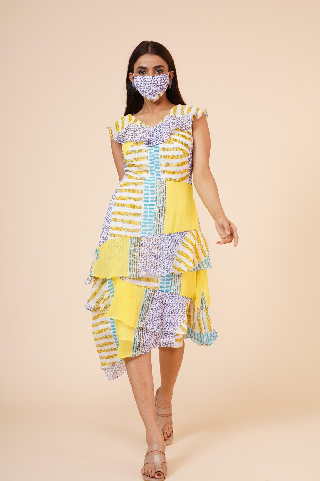 Women's Lemon Printed Georgette Ruffle Dress - MIRACOLOS by Ruchi - Indiakreations