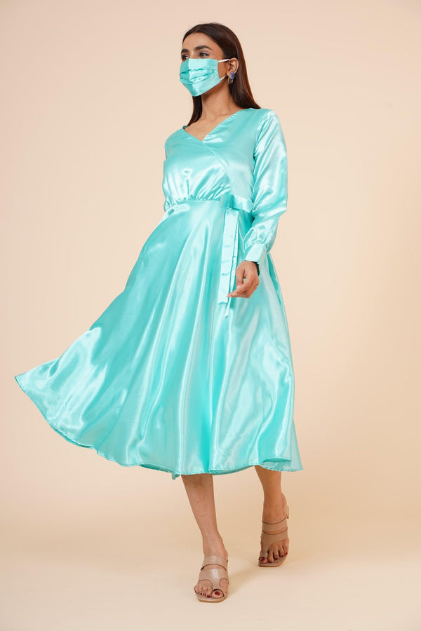 Women's Empire Line With Cuff Satin Wrap Dress Sky Blue - MIRACOLOS by Ruchi - Indiakreations