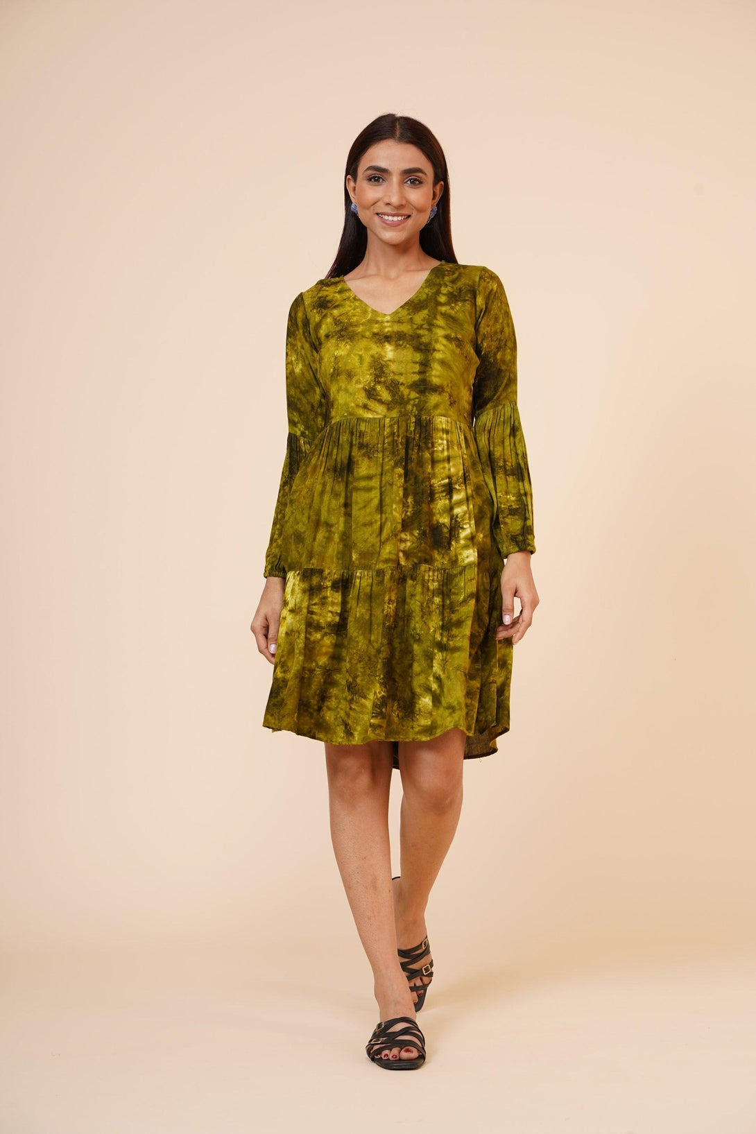 Women's Indian Tie N Dye Kurti With Balloon Sleeves In Green - MIRACOLOS by Ruchi - Indiakreations