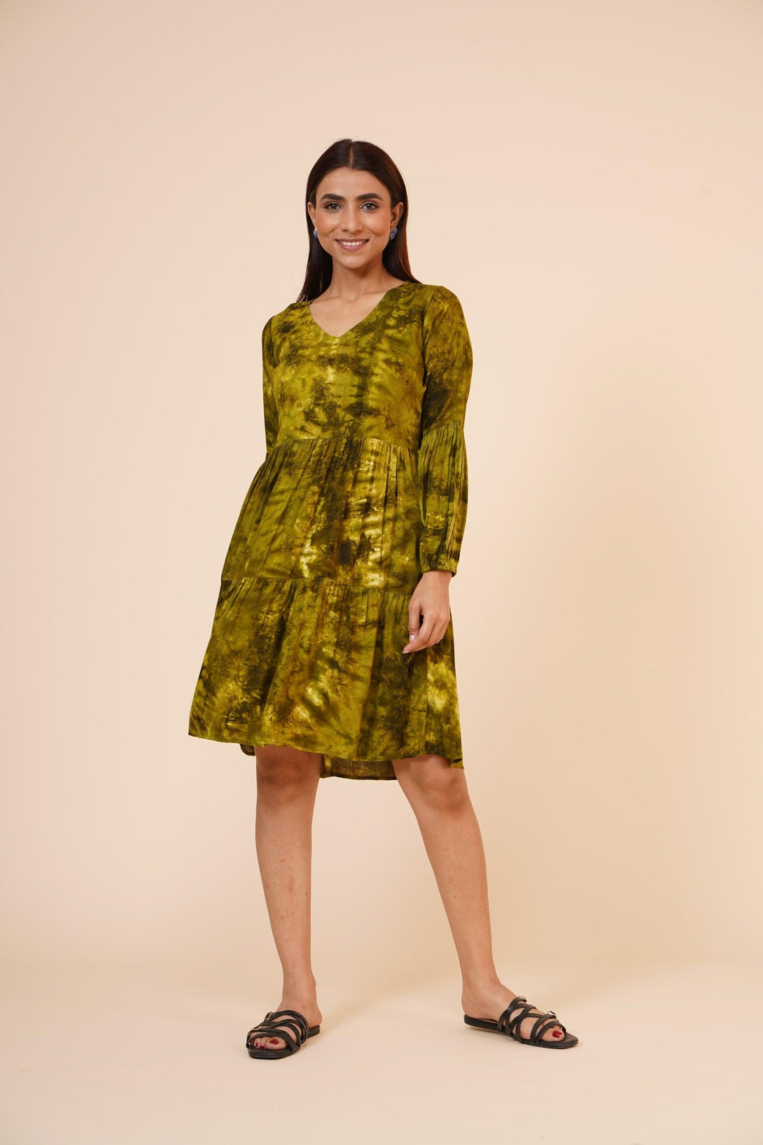 Women's Indian Tie N Dye Kurti With Balloon Sleeves In Green - MIRACOLOS by Ruchi - Indiakreations