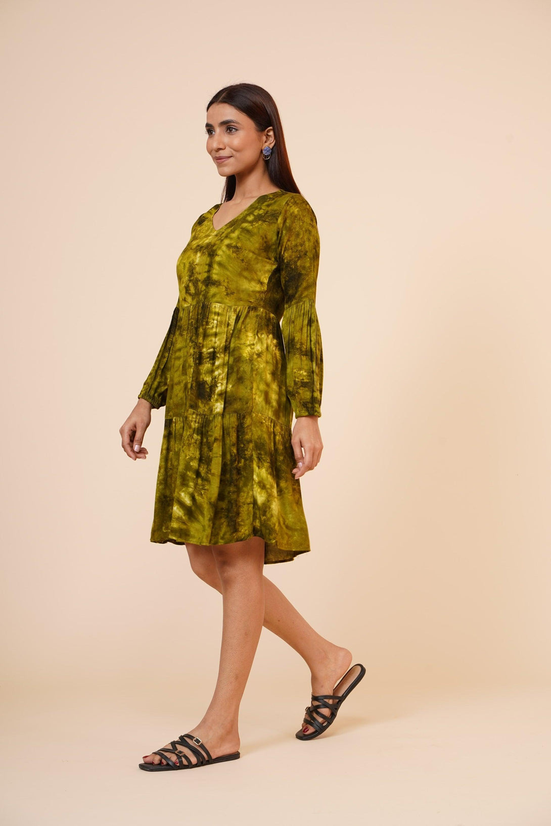 Women's Indian Tie N Dye Kurti With Balloon Sleeves In Green - MIRACOLOS by Ruchi - Indiakreations