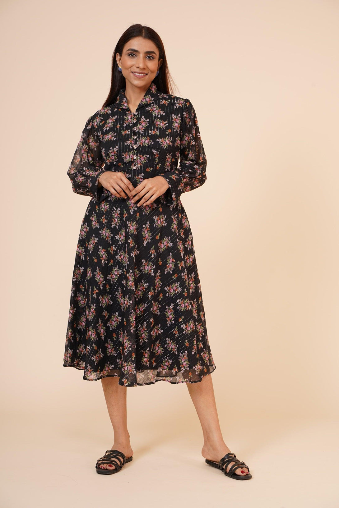 Women's Printed Black Chiiffon Casual Midi Dress - MIRACOLOS by Ruchi - Indiakreations