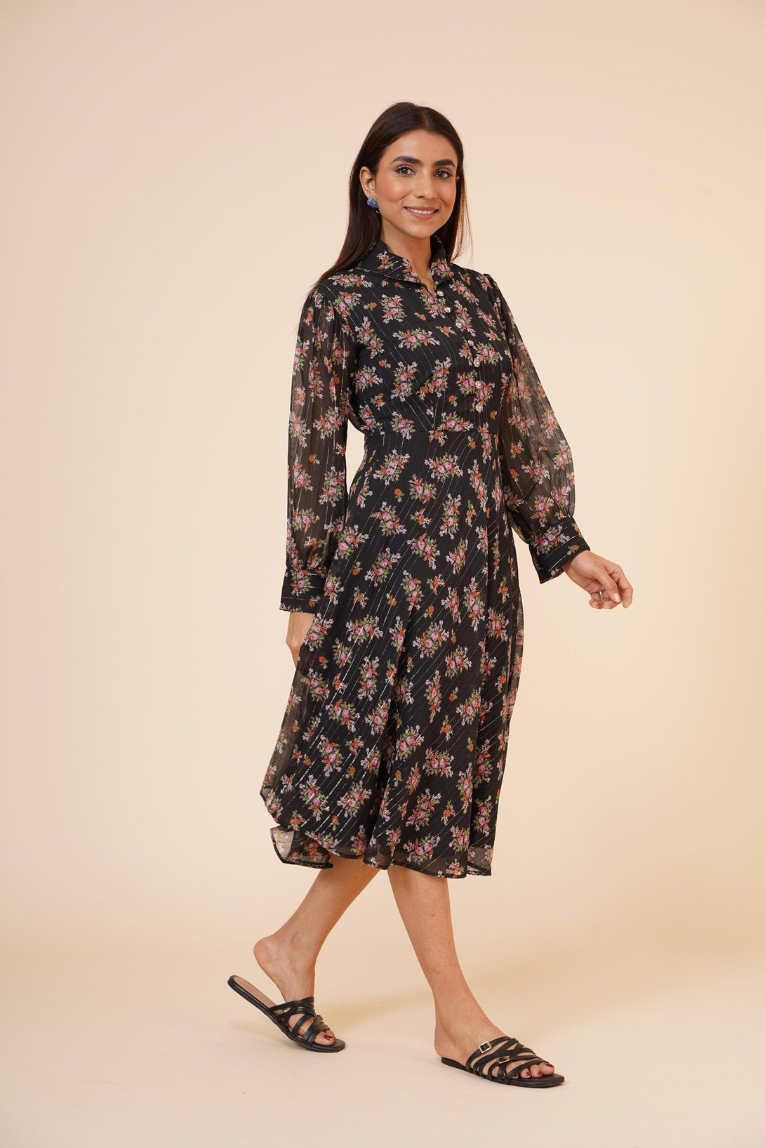 Women's Printed Black Chiiffon Casual Midi Dress - MIRACOLOS by Ruchi - Indiakreations