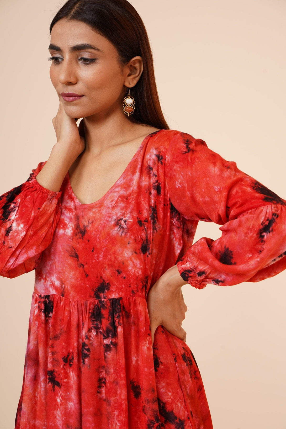 Women's Indian Tie N Dye Kurti With Balloon Sleeves In Red - MIRACOLOS by Ruchi - Indiakreations