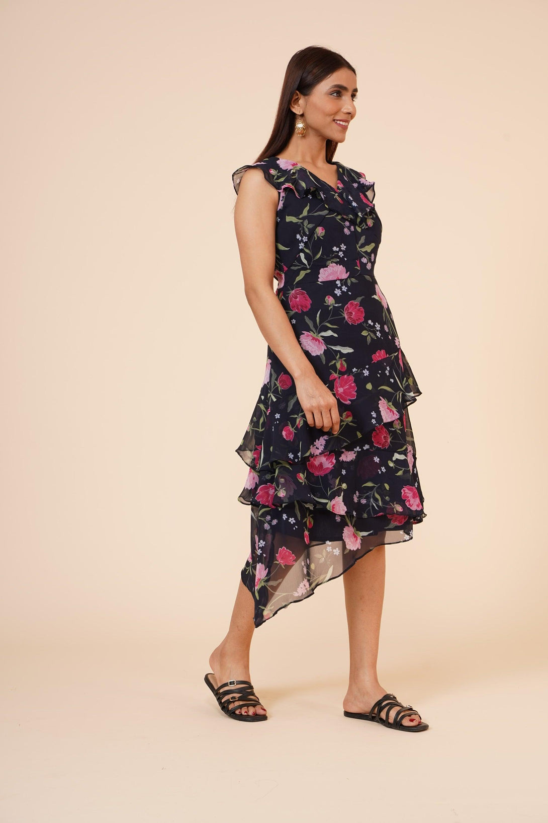 Women's Black Floral Printed Georgette Ruffle Dress - MIRACOLOS by Ruchi - Indiakreations