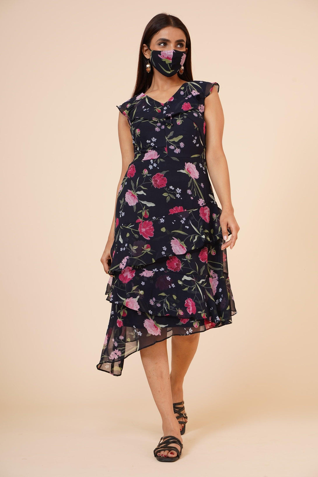 Women's Black Floral Printed Georgette Ruffle Dress - MIRACOLOS by Ruchi - Indiakreations