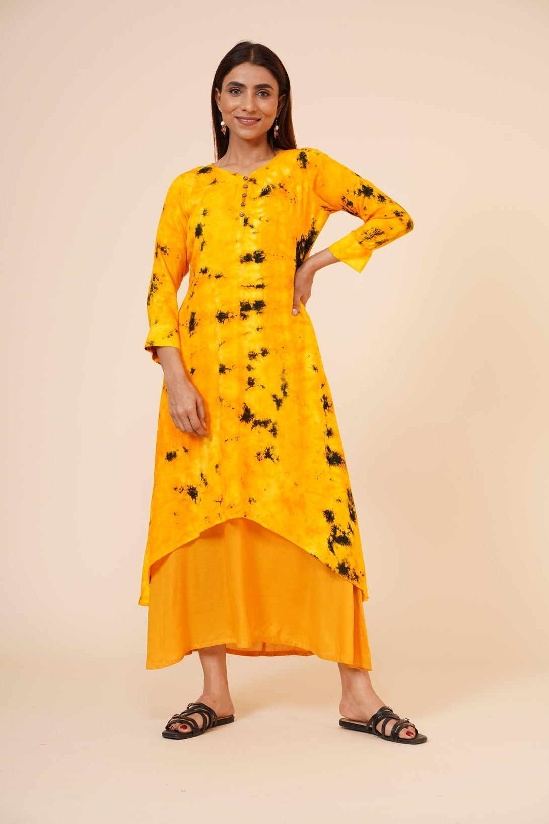 Women's Indian Tie N Dye Kurti With Wooden Button Placket And Cuff - MIRACOLOS by Ruchi - Indiakreations