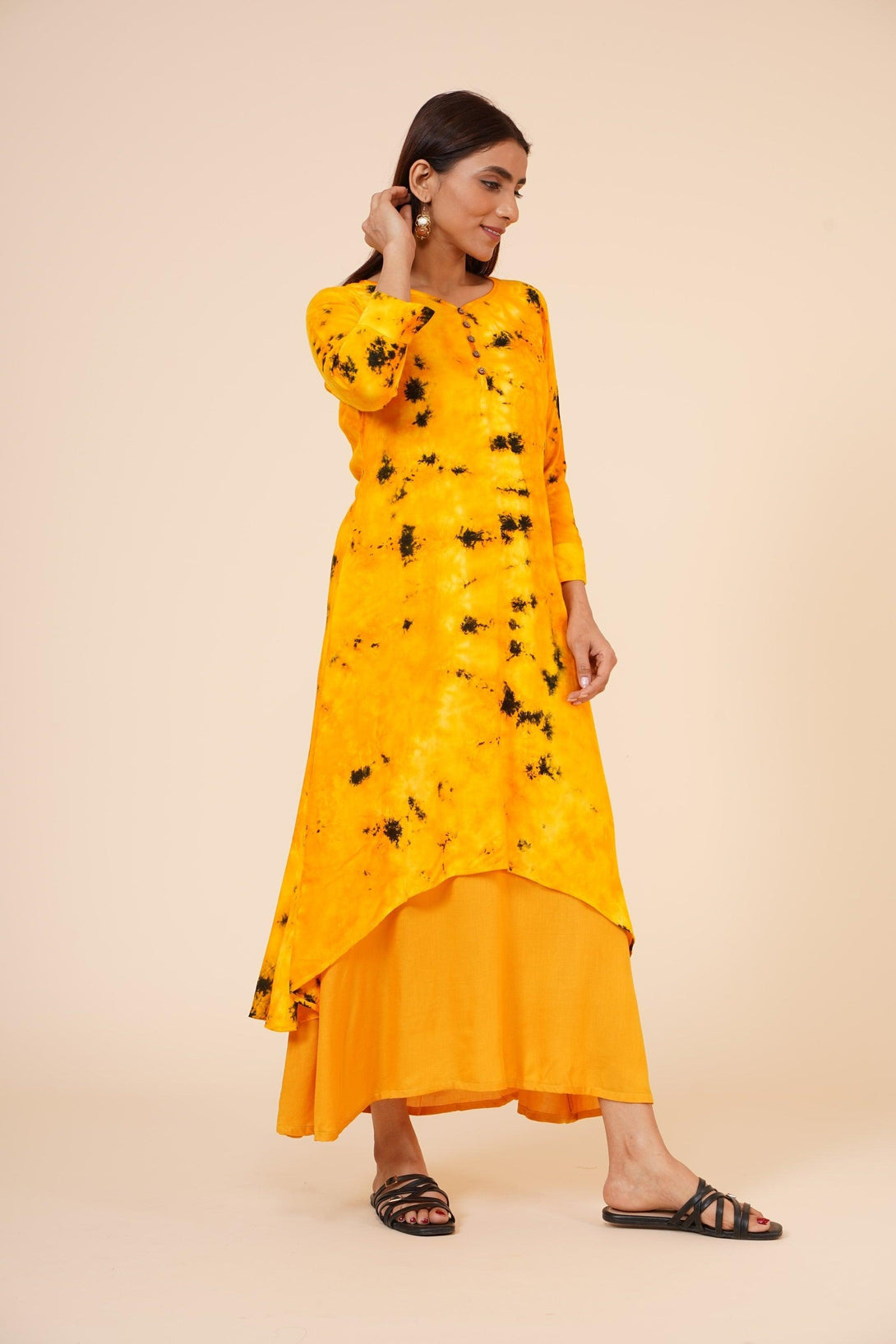 Women's Indian Tie N Dye Kurti With Wooden Button Placket And Cuff - MIRACOLOS by Ruchi - Indiakreations