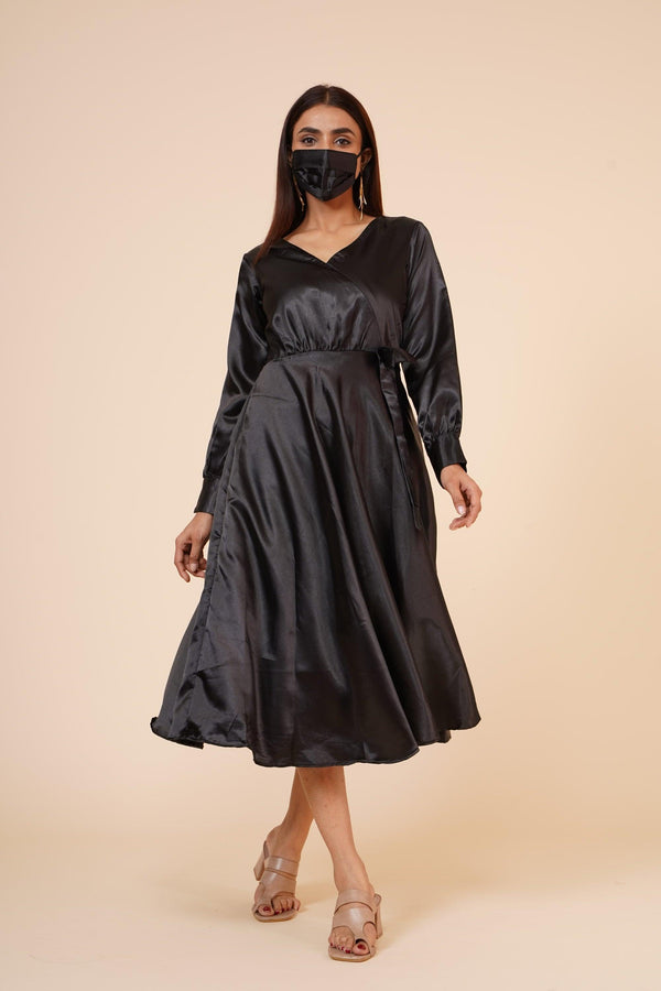 Women's Empire Line With Cuff Satin Wrap Dress Black - MIRACOLOS by Ruchi - Indiakreations