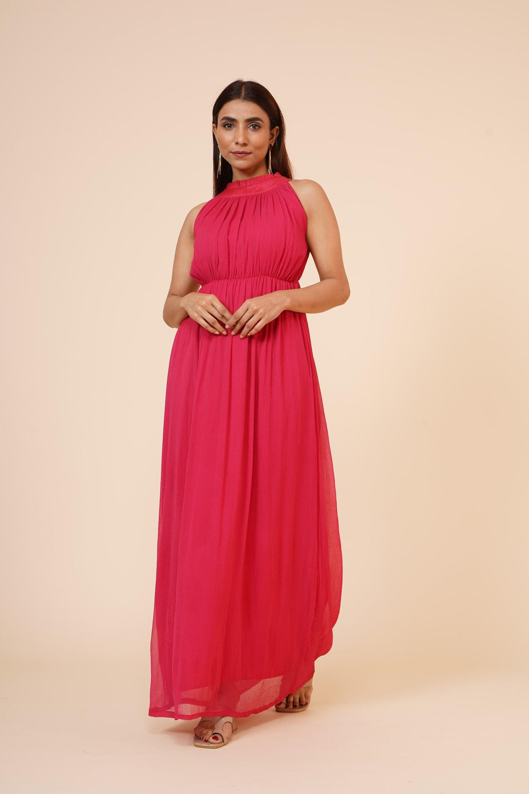 Women's Drape Chiffon Dress In Cherry Red - MIRACOLOS by Ruchi - Indiakreations