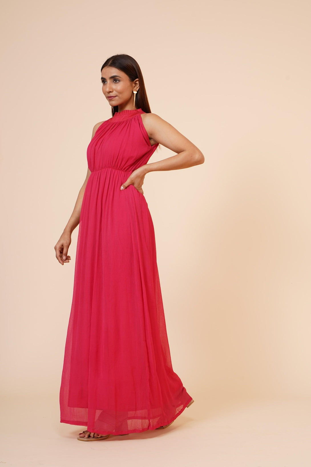 Women's Drape Chiffon Dress In Cherry Red - MIRACOLOS by Ruchi - Indiakreations