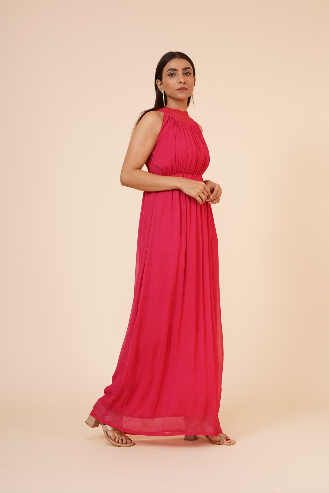 Women's Drape Chiffon Dress In Cherry Red - MIRACOLOS by Ruchi - Indiakreations