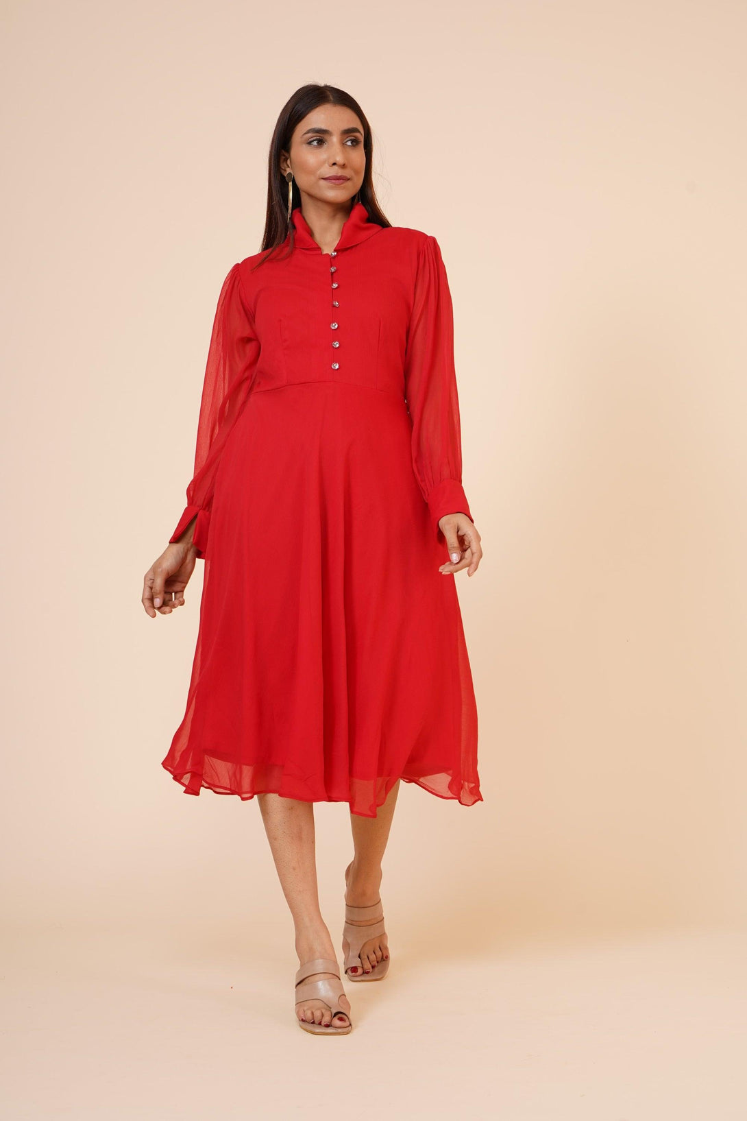 Women's Red Chiiffon Casual Midi Dress - MIRACOLOS by Ruchi - Indiakreations