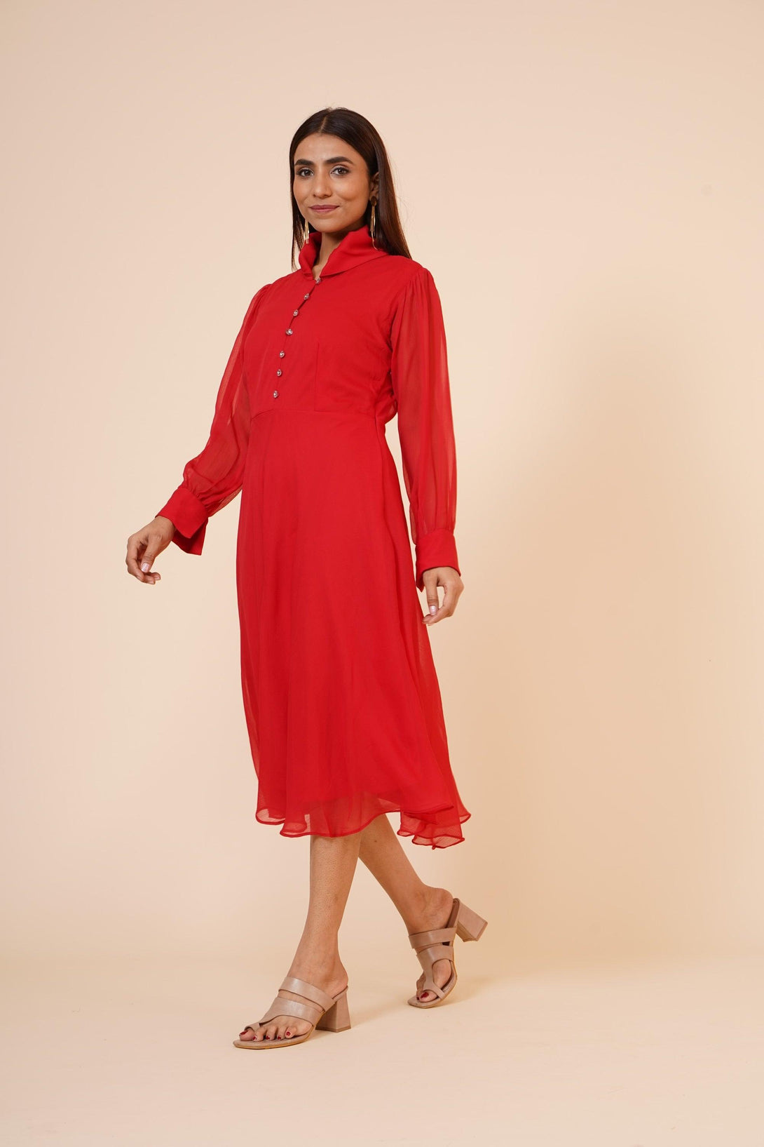 Women's Red Chiiffon Casual Midi Dress - MIRACOLOS by Ruchi - Indiakreations