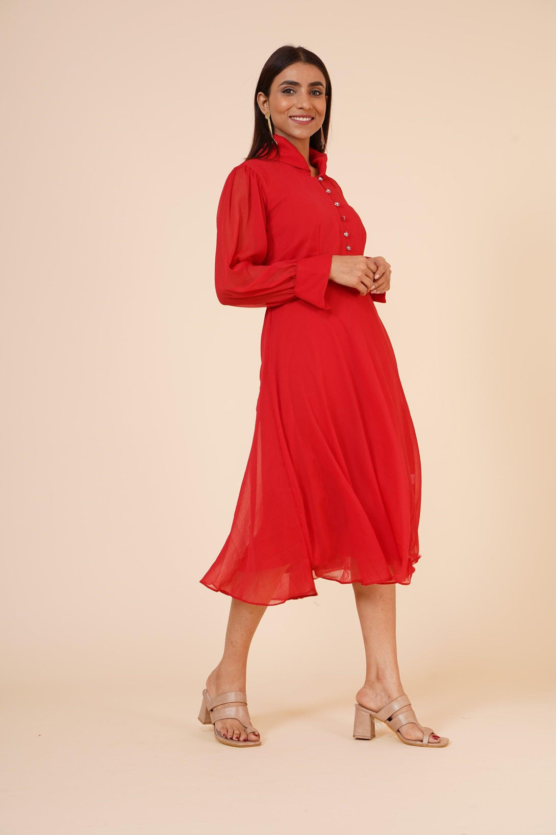 Women's Red Chiiffon Casual Midi Dress - MIRACOLOS by Ruchi - Indiakreations