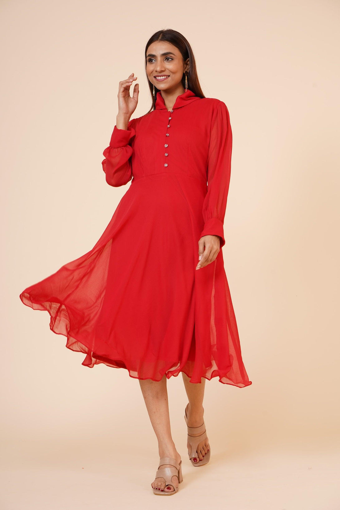 Women's Red Chiiffon Casual Midi Dress - MIRACOLOS by Ruchi - Indiakreations