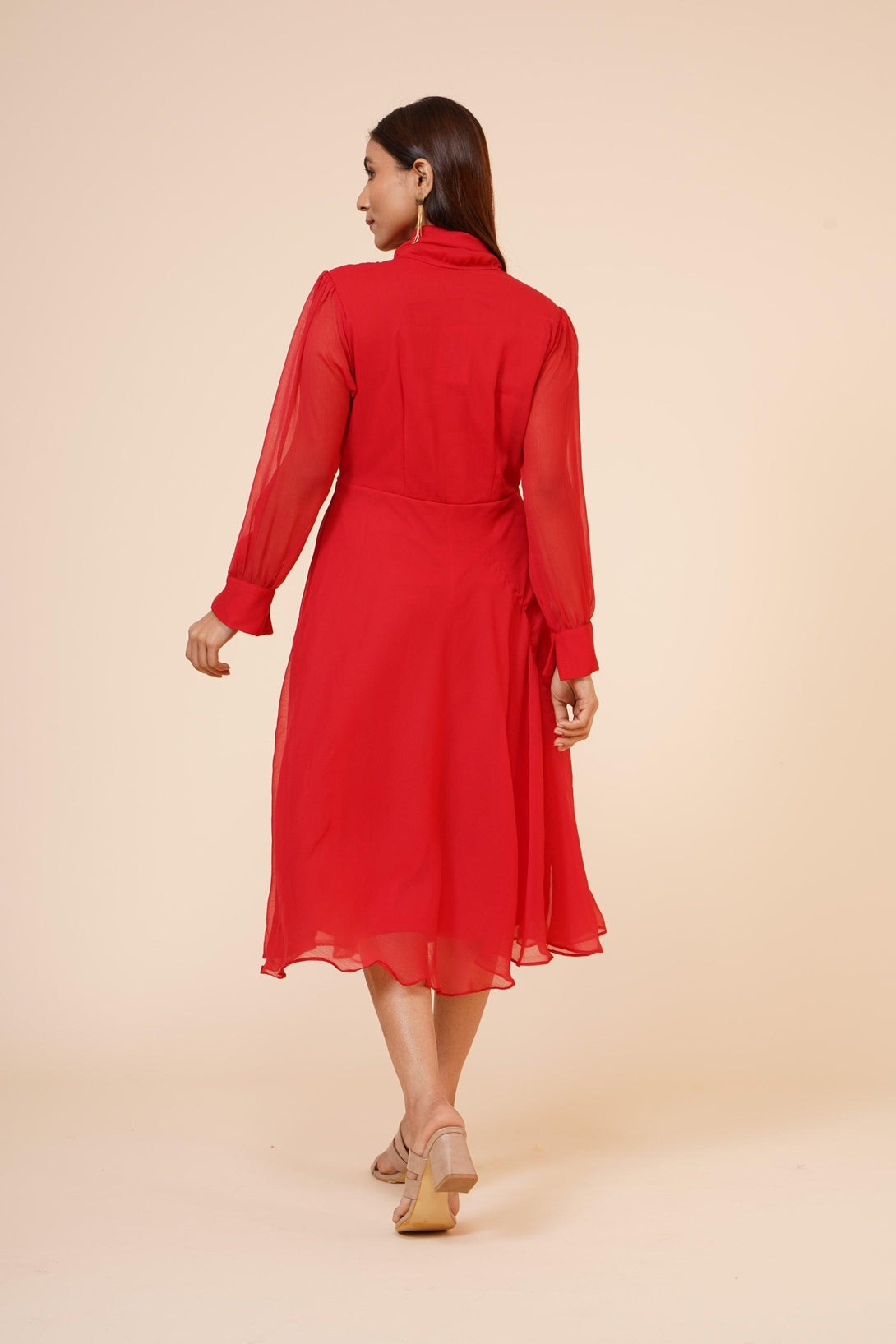 Women's Red Chiiffon Casual Midi Dress - MIRACOLOS by Ruchi - Indiakreations