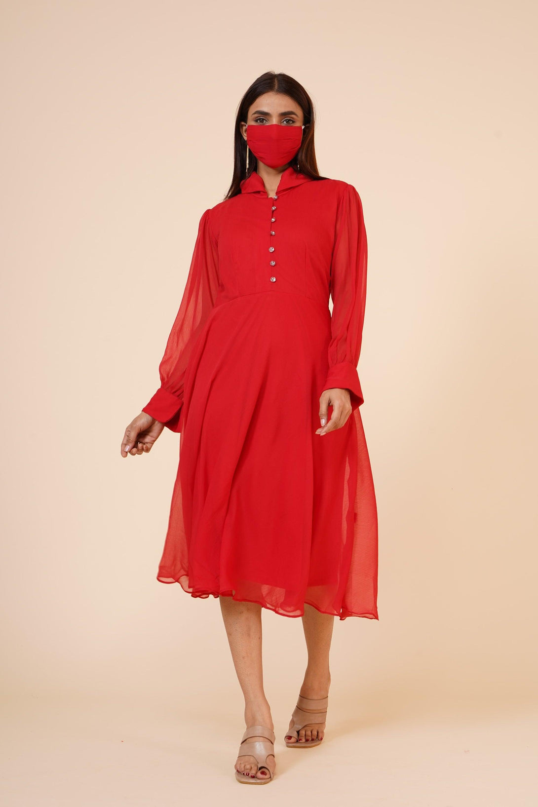 Women's Red Chiiffon Casual Midi Dress - MIRACOLOS by Ruchi - Indiakreations