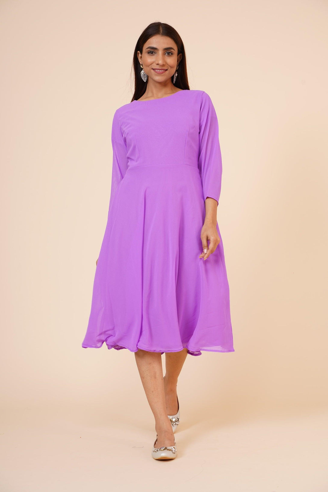 Women's Round Neck Georgette Party/ Casual Dress In Mauve - MIRACOLOS by Ruchi - Indiakreations