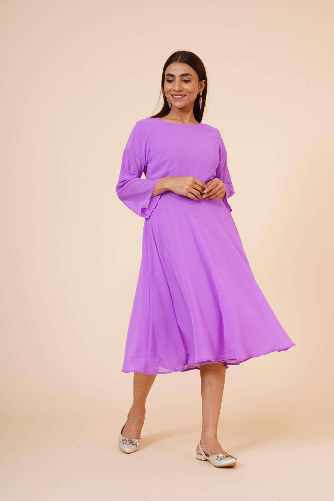 Women's Round Neck Georgette Party/ Casual Dress In Mauve - MIRACOLOS by Ruchi - Indiakreations