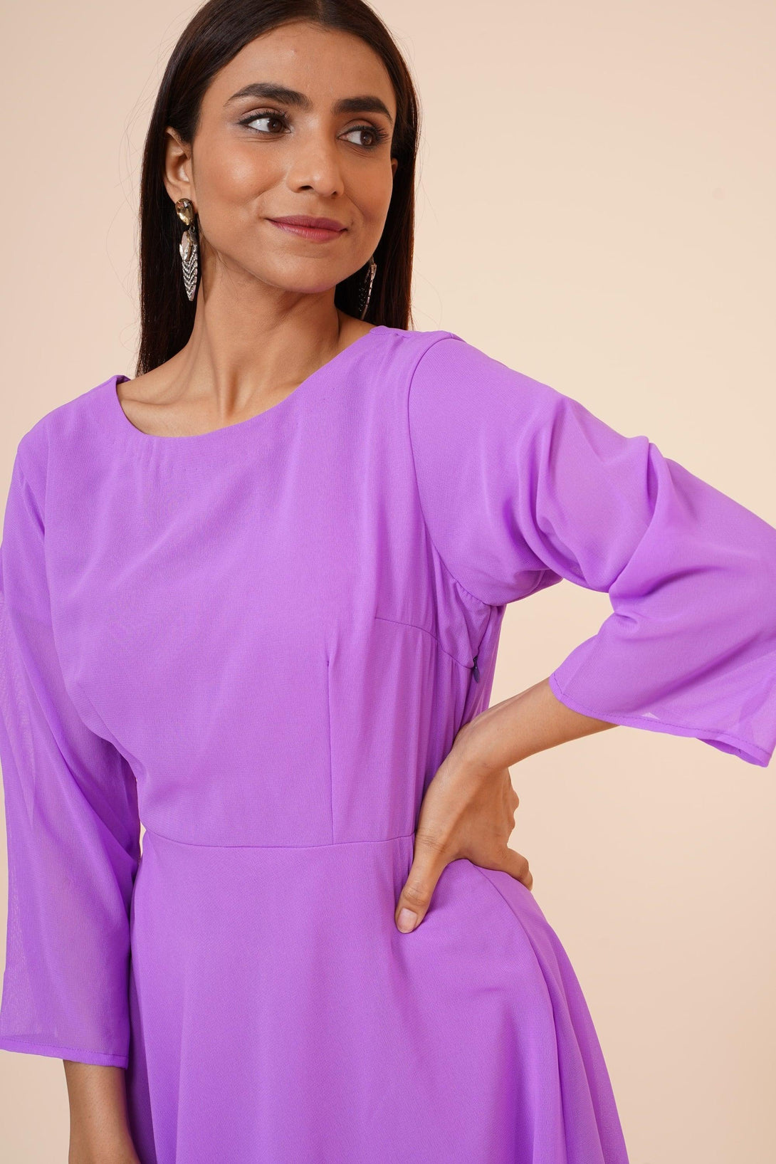 Women's Round Neck Georgette Party/ Casual Dress In Mauve - MIRACOLOS by Ruchi - Indiakreations