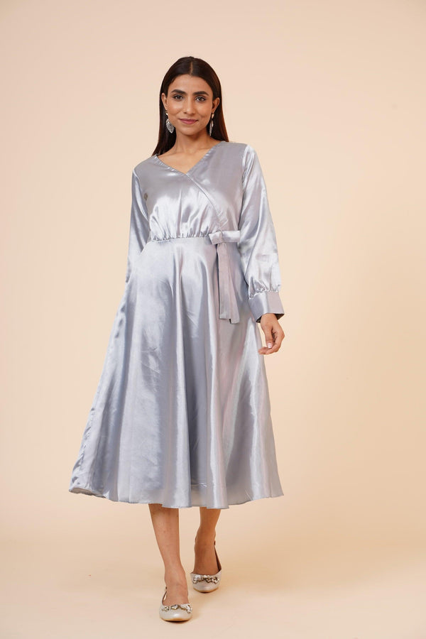 Women's Empire Line With Cuff Satin Wrap Dress Grey - MIRACOLOS by Ruchi - Indiakreations