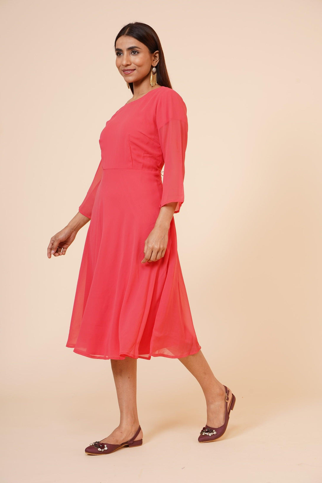 Women's Round Neck Georgette Party/ Casual Dress In Peach - MIRACOLOS by Ruchi - Indiakreations