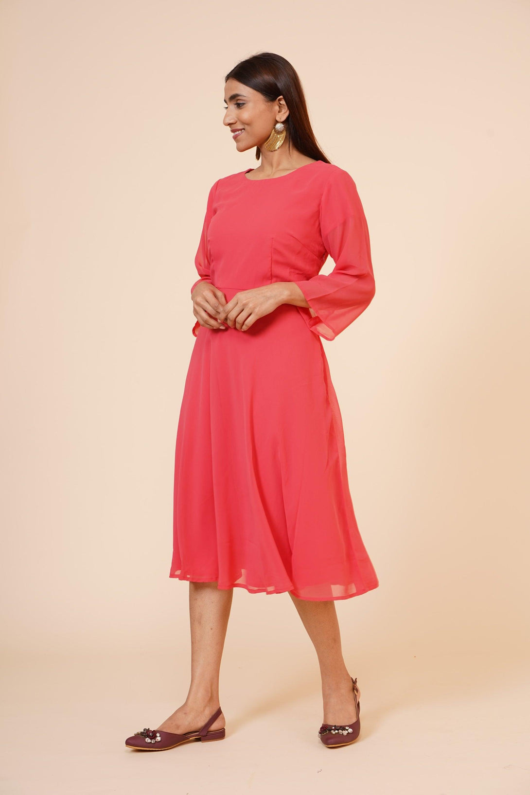 Women's Round Neck Georgette Party/ Casual Dress In Peach - MIRACOLOS by Ruchi - Indiakreations