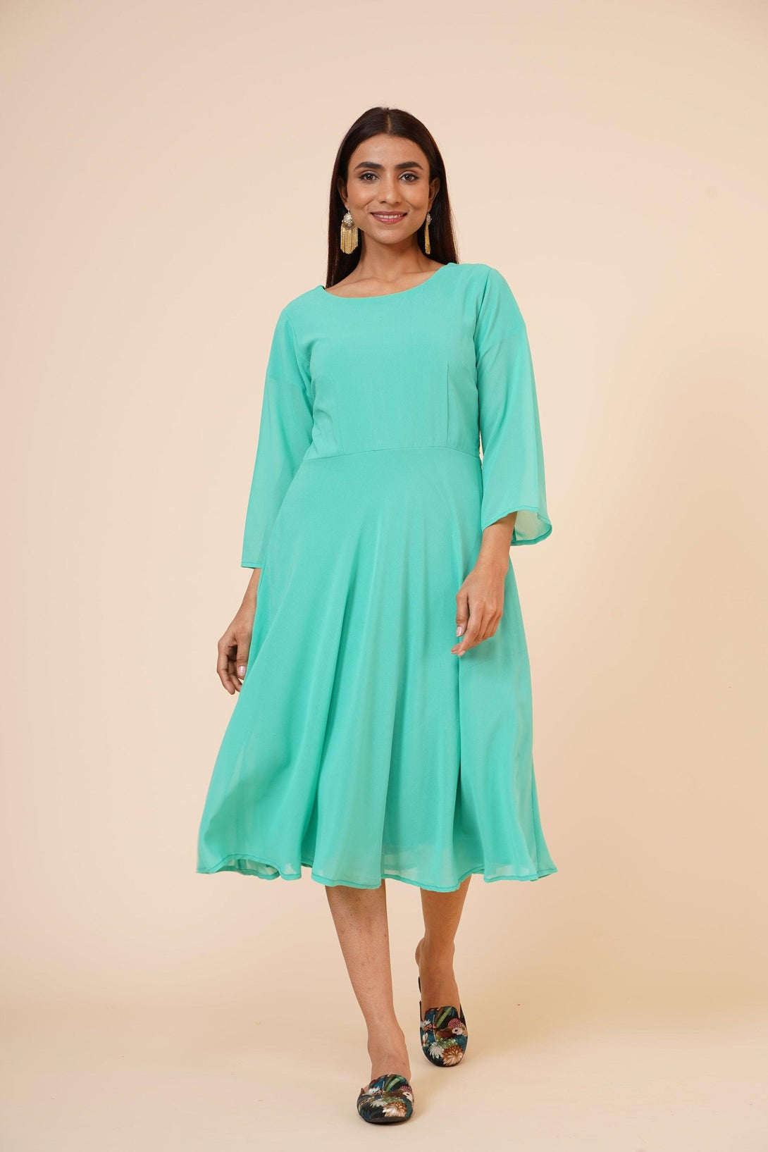 Women's Round Neck Georgette Party/ Casual Dress In Green - MIRACOLOS by Ruchi - Indiakreations