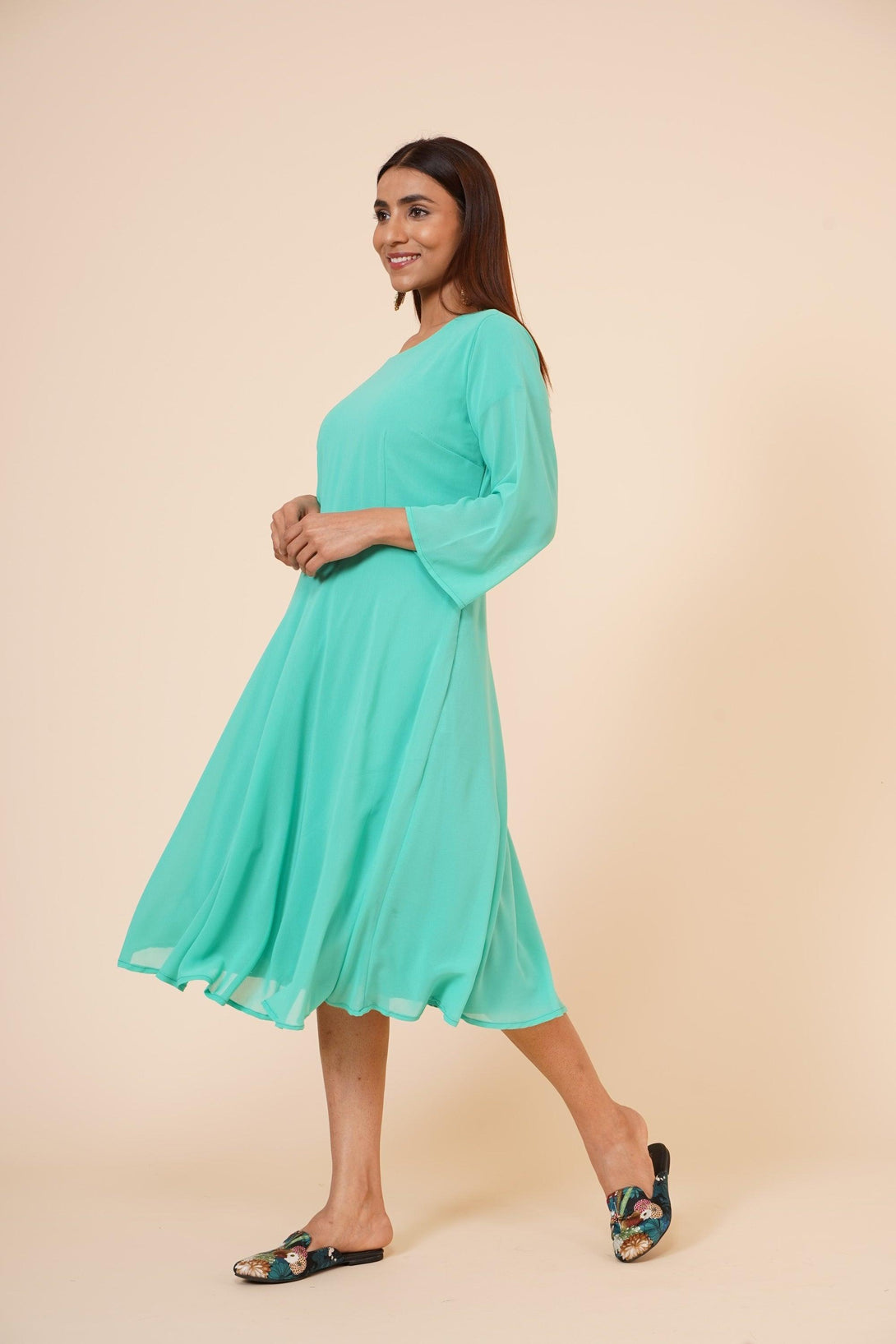 Women's Round Neck Georgette Party/ Casual Dress In Green - MIRACOLOS by Ruchi - Indiakreations