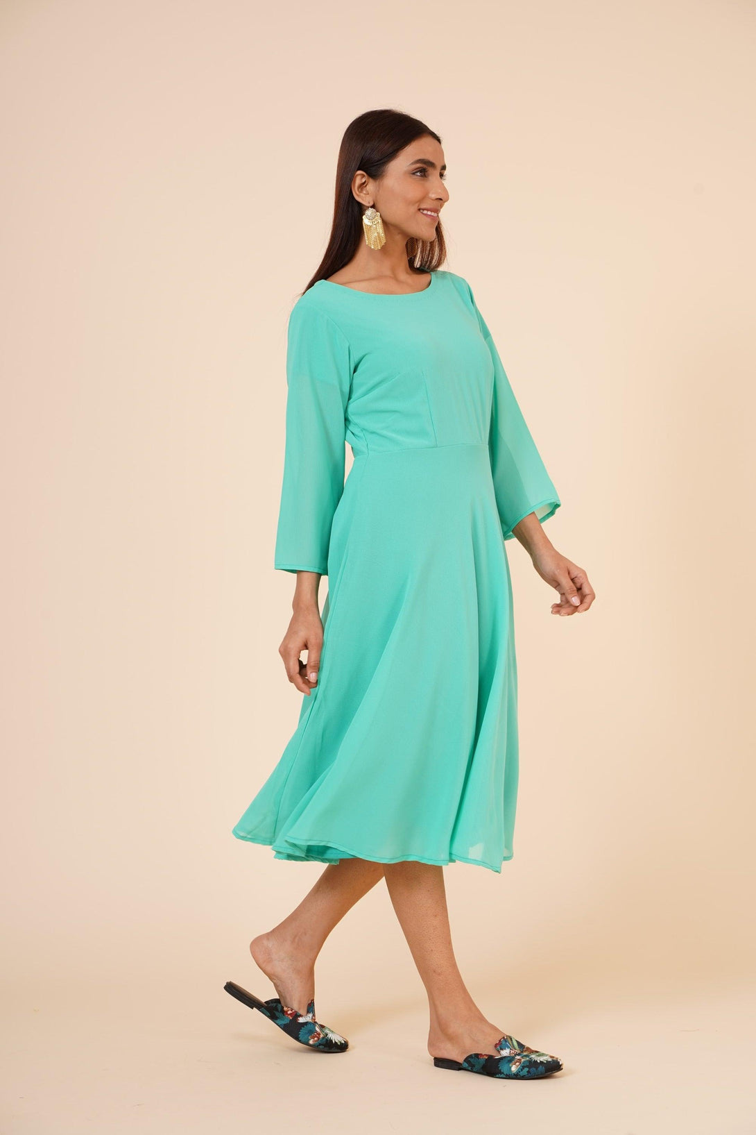 Women's Round Neck Georgette Party/ Casual Dress In Green - MIRACOLOS by Ruchi - Indiakreations