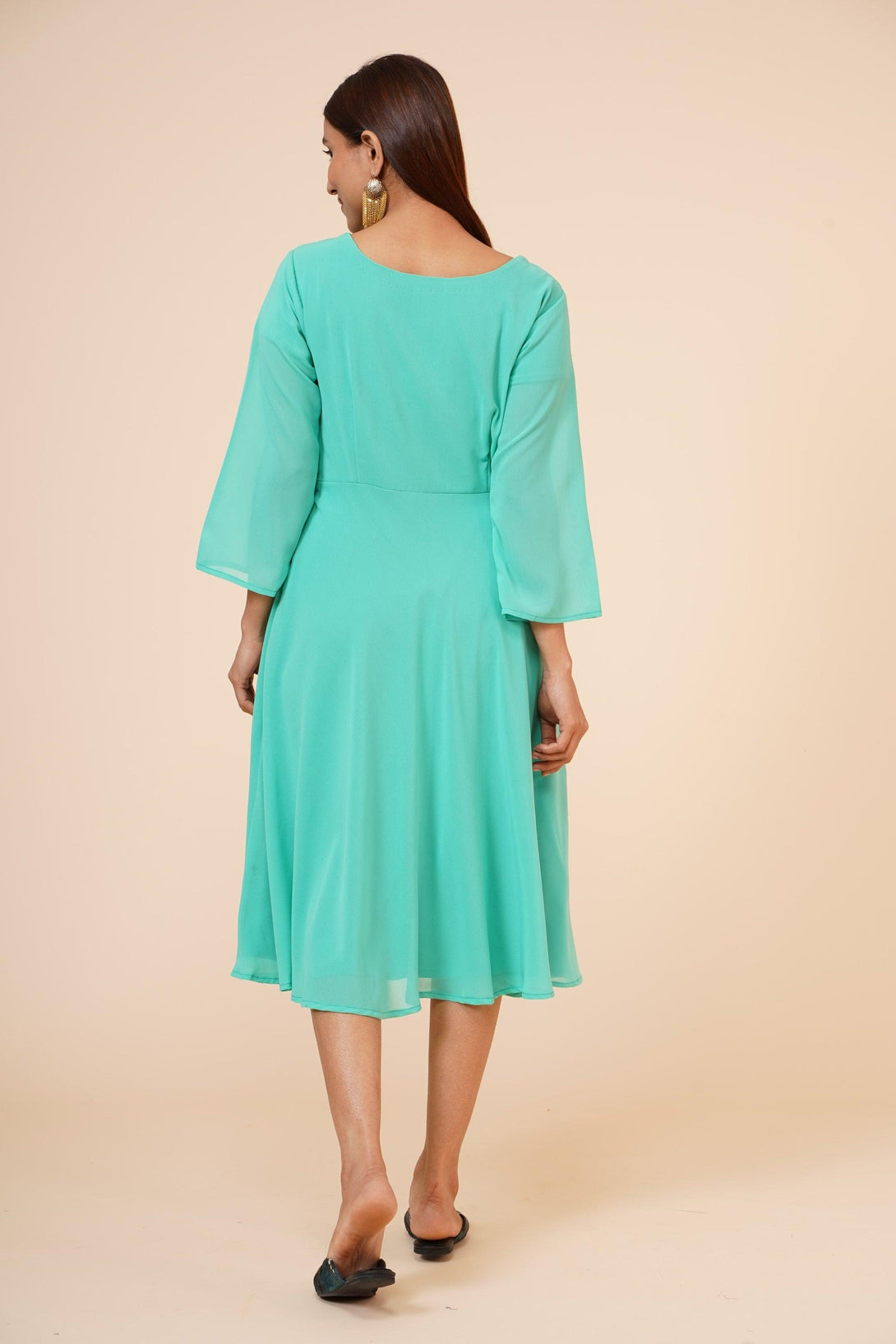 Women's Round Neck Georgette Party/ Casual Dress In Green - MIRACOLOS by Ruchi - Indiakreations