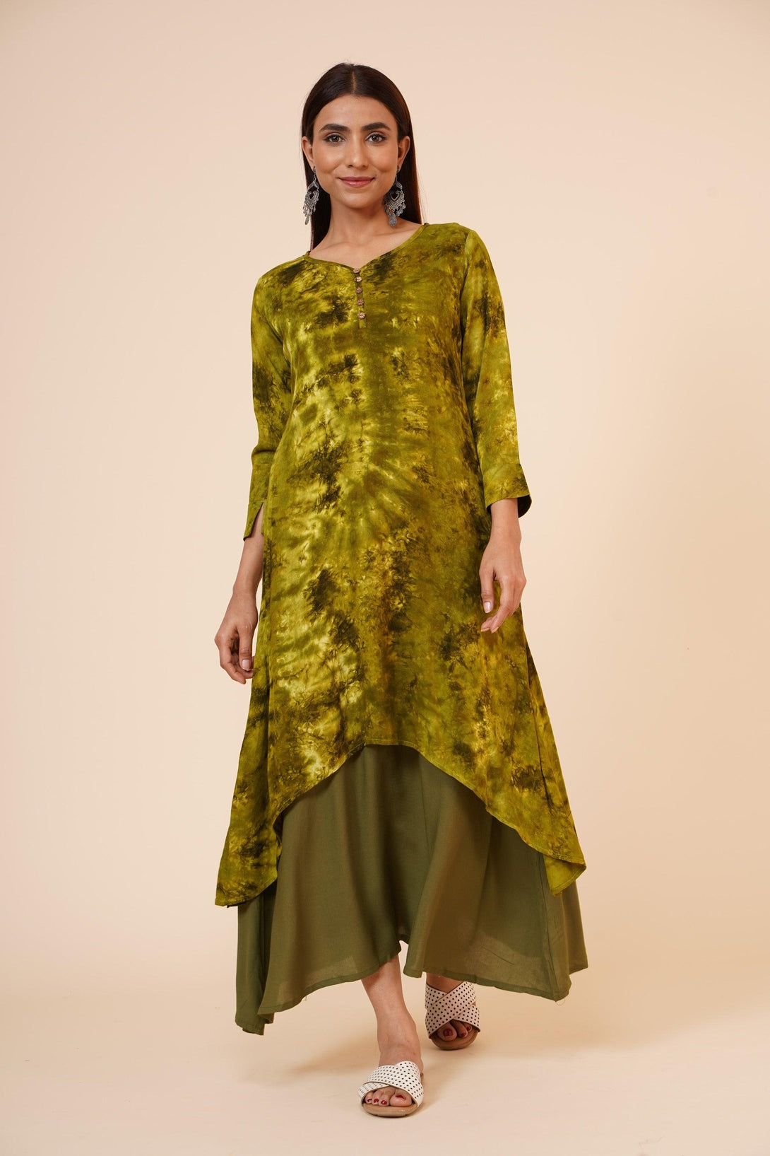 Women's Indian Tie N Dye Kurti With Wooden Button Placket And Cuff - MIRACOLOS by Ruchi - Indiakreations