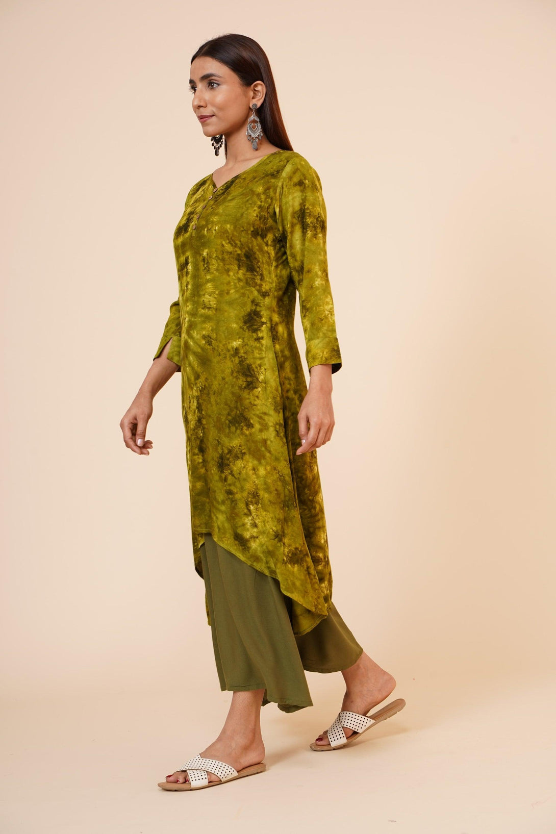 Women's Indian Tie N Dye Kurti With Wooden Button Placket And Cuff - MIRACOLOS by Ruchi - Indiakreations