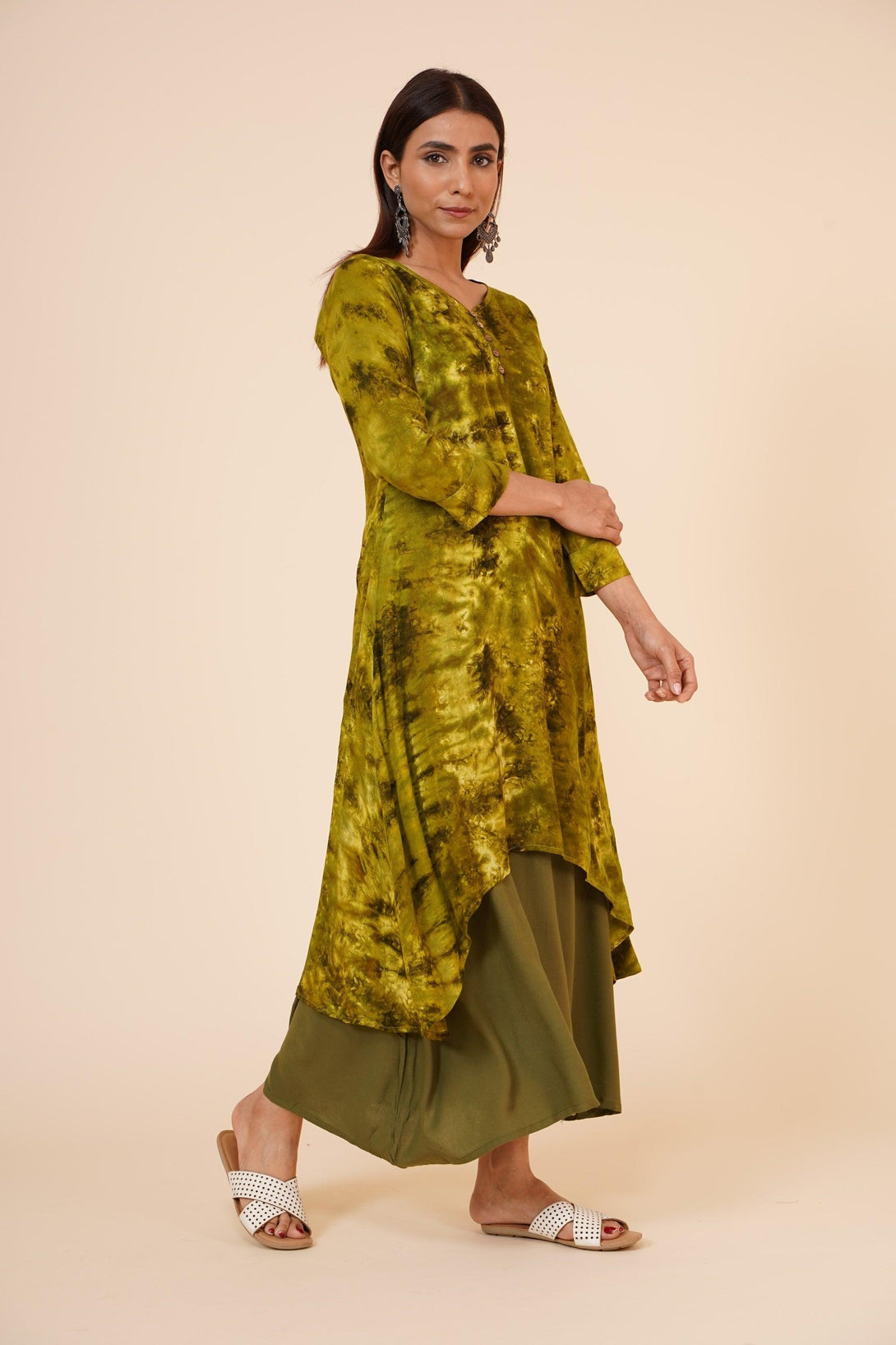 Women's Indian Tie N Dye Kurti With Wooden Button Placket And Cuff - MIRACOLOS by Ruchi - Indiakreations