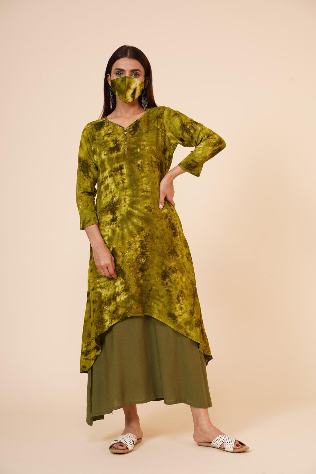 Women's Indian Tie N Dye Kurti With Wooden Button Placket And Cuff - MIRACOLOS by Ruchi - Indiakreations