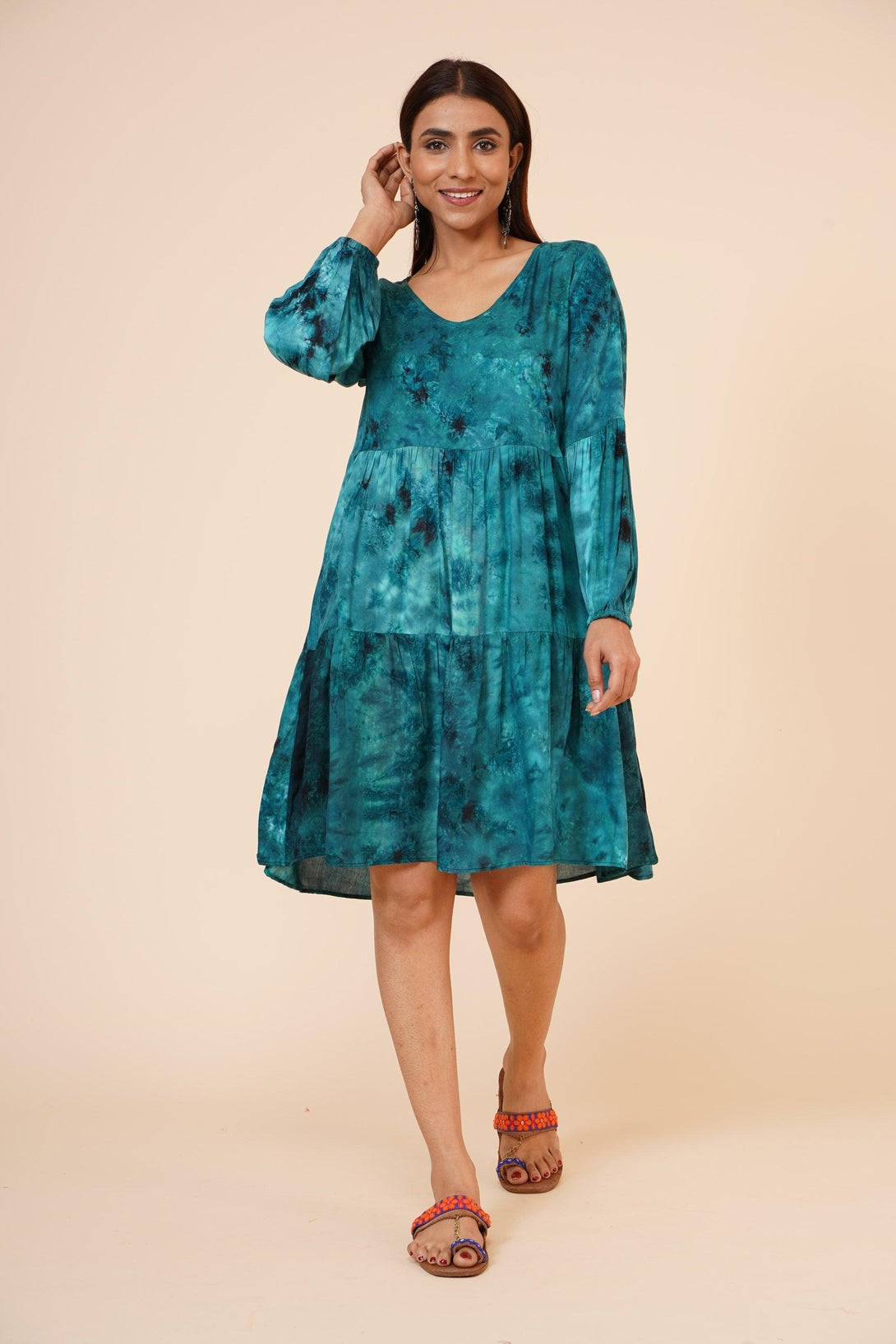 Women's Indian Tie N Dye Kurti With Balloon Sleeves In Blue - MIRACOLOS by Ruchi - Indiakreations