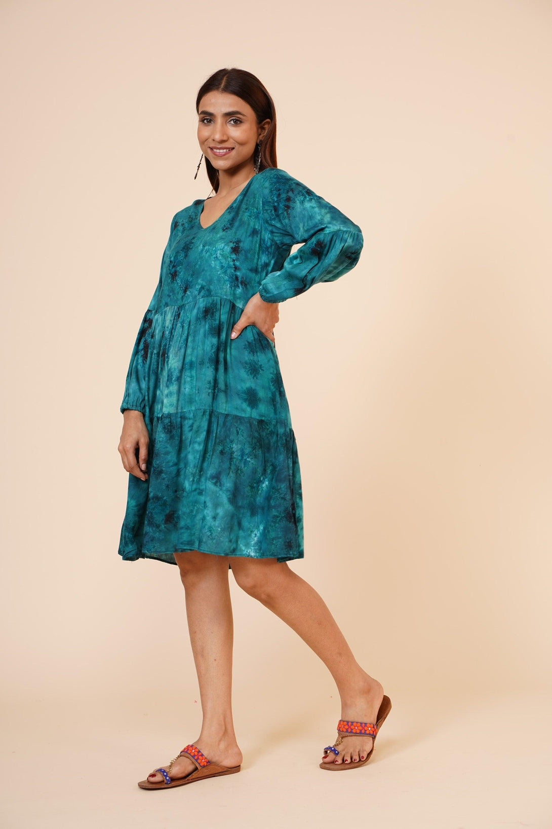 Women's Indian Tie N Dye Kurti With Balloon Sleeves In Blue - MIRACOLOS by Ruchi - Indiakreations